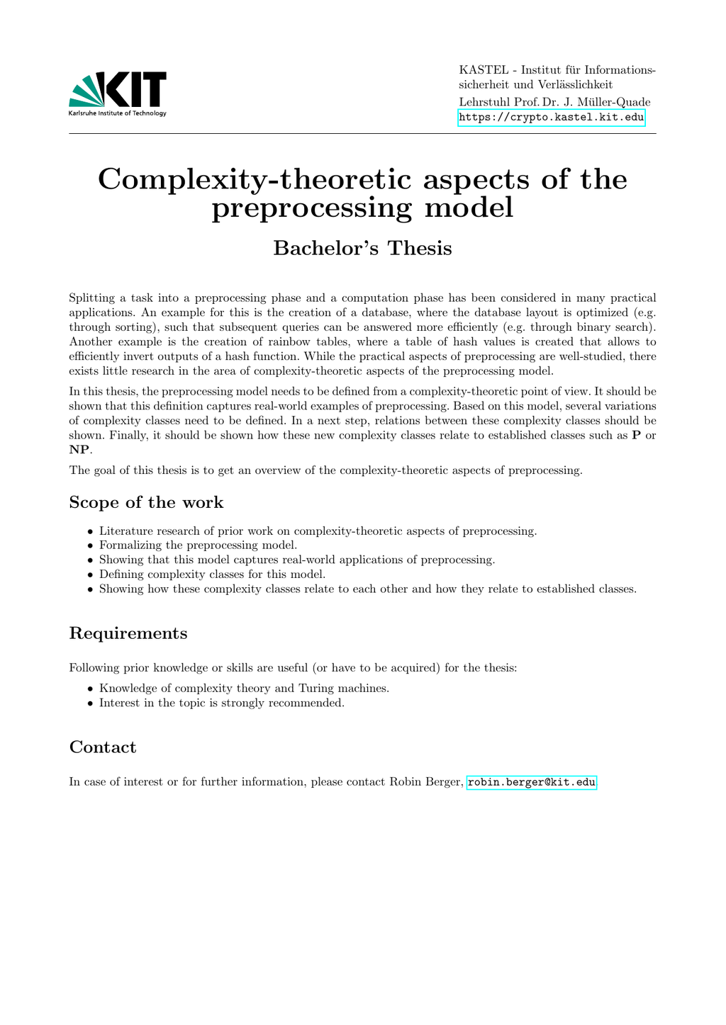[BA] Complexity-theoretic aspects of the preprocessing model