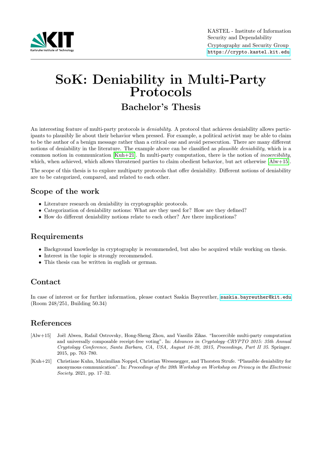 [BA] SoK: Deniability in Multi-Party Protocols